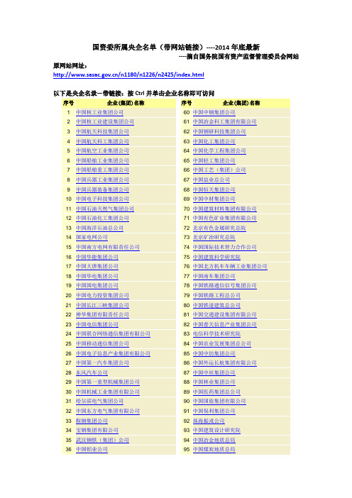 国资委所属央企名单(带网站链接)----2014年底最新