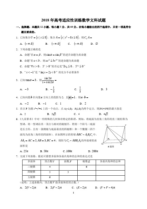 2018年高考适应性训练数学文科试题(最后稿)