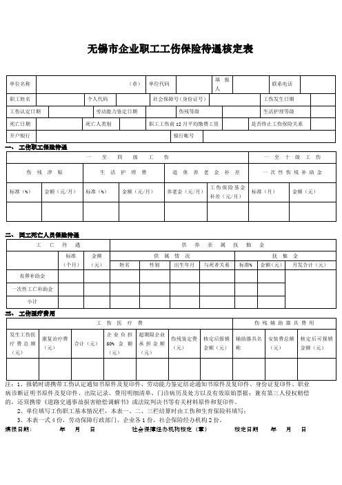 无锡市企业职工工伤保险待遇核定表