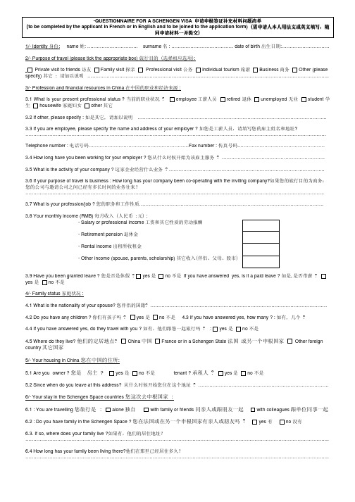 法国短期逗留签证申请补充问卷(英语)