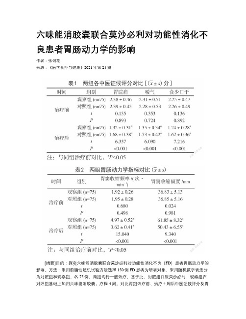 六味能消胶囊联合莫沙必利对功能性消化不良患者胃肠动力学的影响