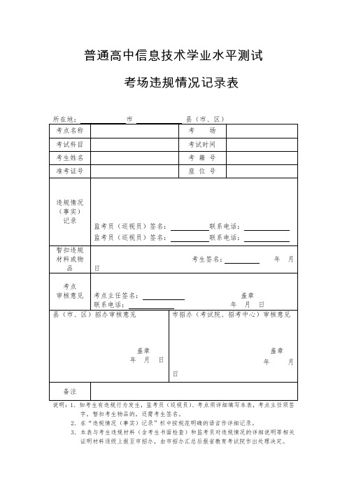 2016普通高中信息技术学业水平测试考场违规情况记录表