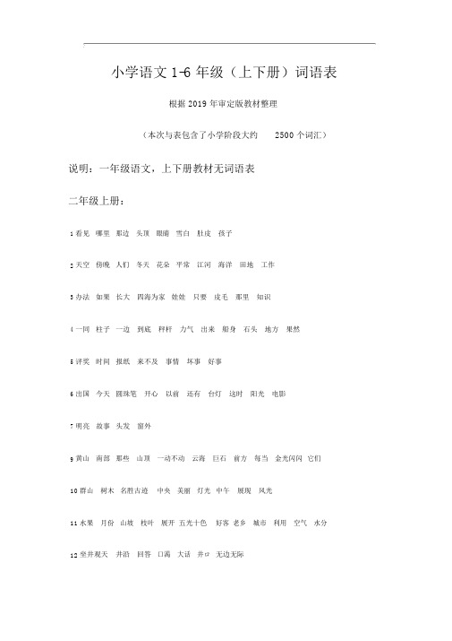 小学语文一年级至六年级词语表：上下册(2020最新版)