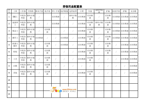 劳保用品配置表范例