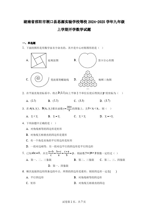 湖南省邵阳市洞口县思源实验学校等校2024-2025学年九年级上学期开学数学试题