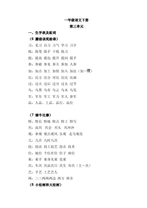 苏教版一年级语文下册第三单元复习