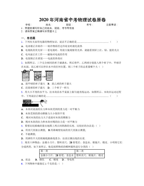 2020年河南省中考物理试卷原卷附解析