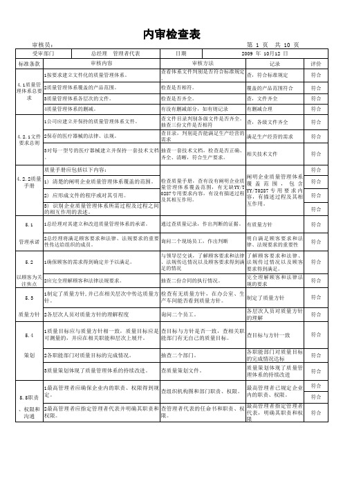 ISO13485 内审检查表