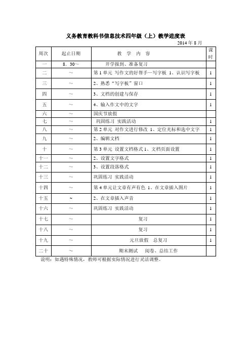 四年级信息技术上册教学进度表