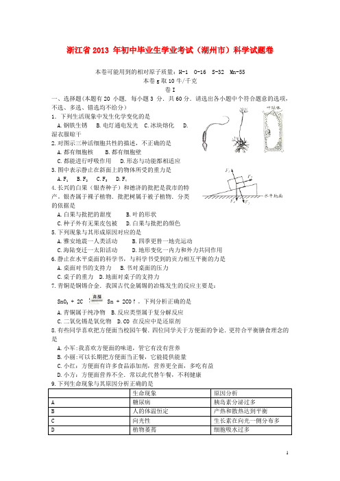 浙江省湖州市2013 年中考科学真题试题