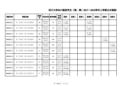 四川大学2017级研究生(硕、博)2017～2018学年上学期公共课程表(医科)