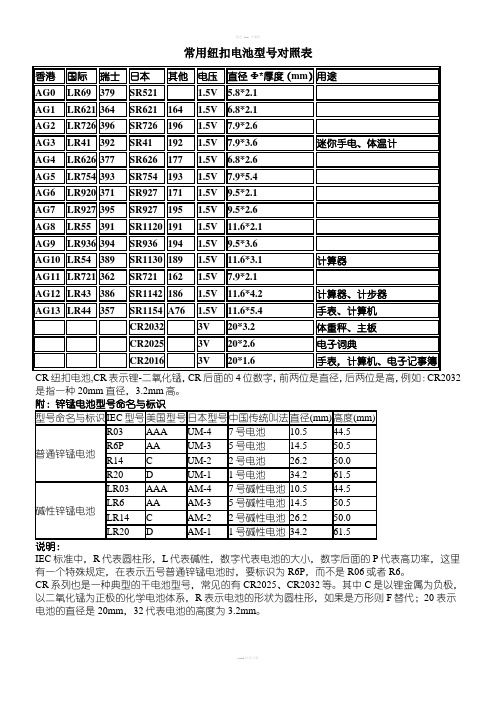 常用纽扣电池型号对照表