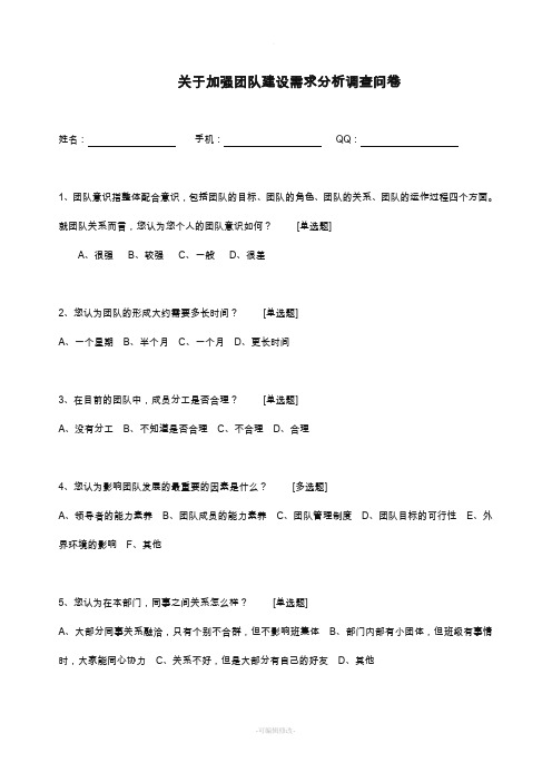 关于加强团队建设需求分析调查问卷