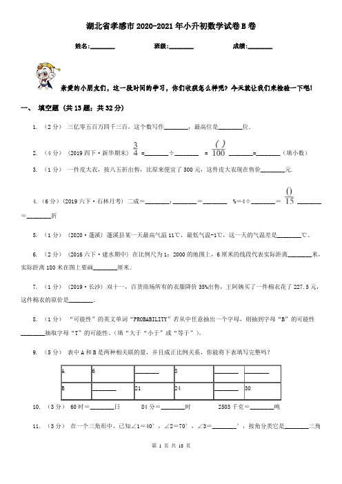 湖北省孝感市2020-2021年小升初数学试卷B卷