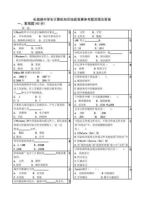 学生计算机知识技能竞赛参考题范围及答案