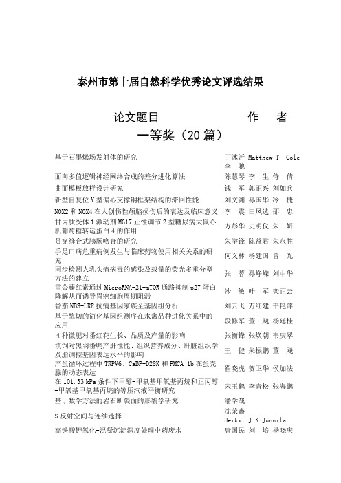 泰州自然科学优秀论文评选结果论文题目作者一等奖20篇