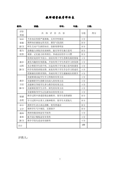 教师课堂教学评价表(量表)