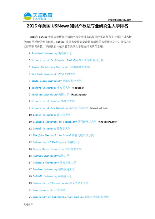 【天道独家】2015年美国USNews知识产权法专业研究生大学排名