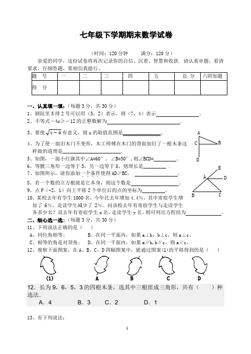 七年级下学期期末数学试卷(含答案)