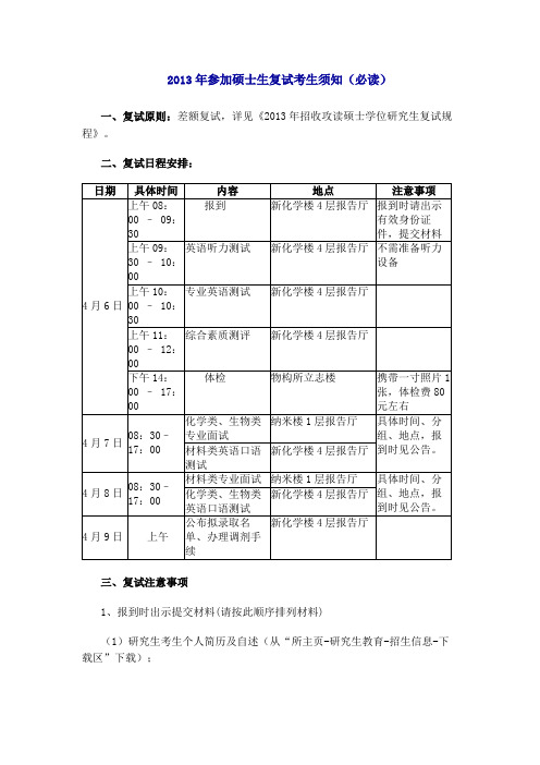 2013年参加硕士生复试考生须知【模板】