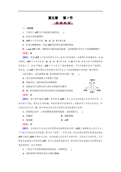 生物人教版必修1练习：5.2 细胞的能量“通货”—ATP(附答案)