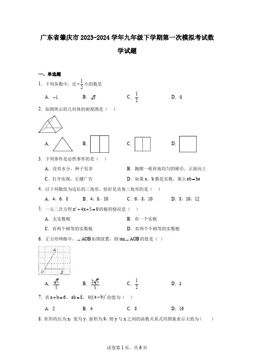 广东省肇庆市2023-2024学年九年级下学期第一次模拟考试数学试题