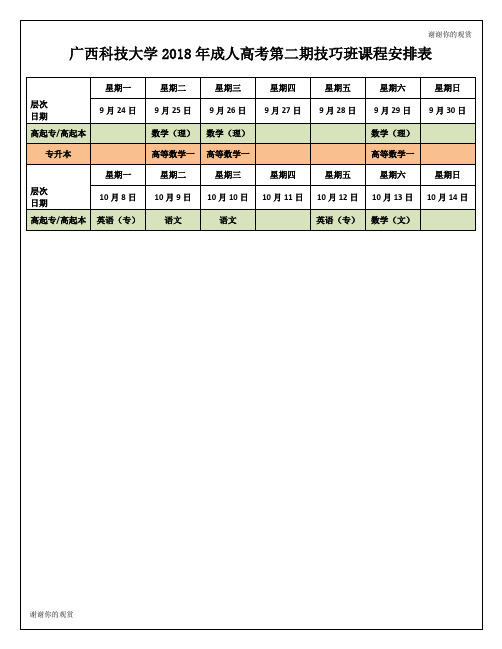 广西科技大学2018年成人高考第二期技巧班课程安排表 .doc