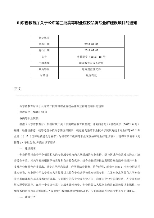 山东省教育厅关于公布第三批高等职业院校品牌专业群建设项目的通知-鲁教职字〔2018〕18 号