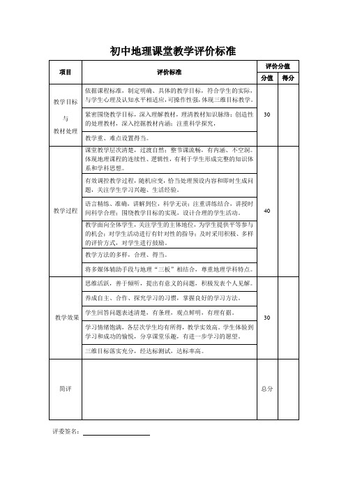 初中地理课堂教学评价标准