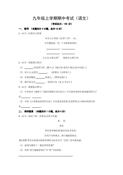 九年级上学期期中考试(语文)试题含答案