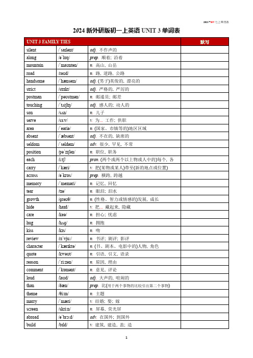 2024新外研版初一上英语Unit 3 Family ties单词表