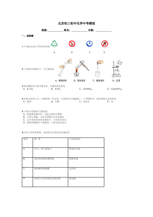 北京初三初中化学中考模拟带答案解析
