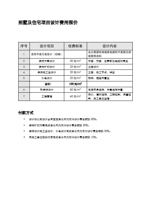 别墅及住宅项目设计费用报价