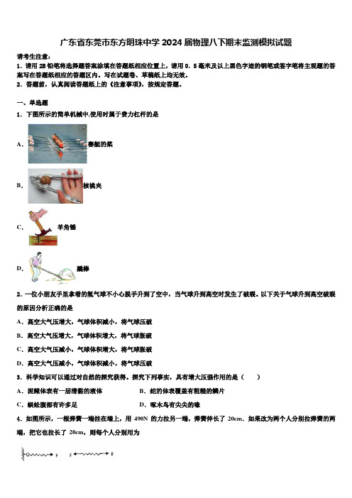 广东省东莞市东方明珠中学2024届物理八下期末监测模拟试题及答案解析