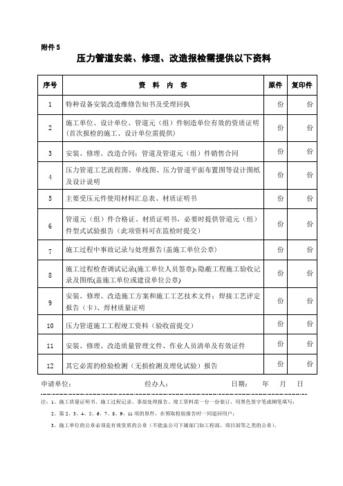 压力容器安装组装修理改造报检需提供以下资料