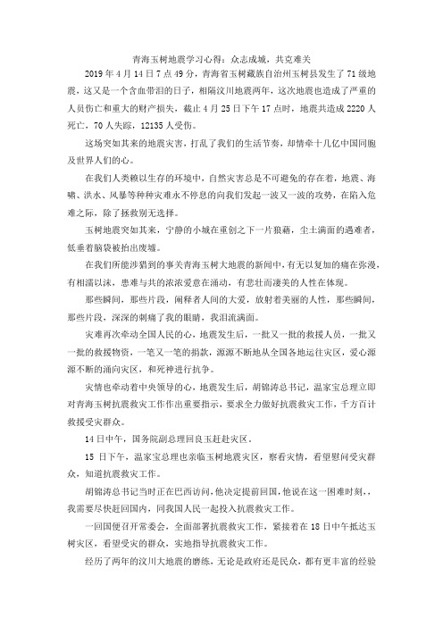 最新-青海玉树地震学习心得众志成城共克难关 精品