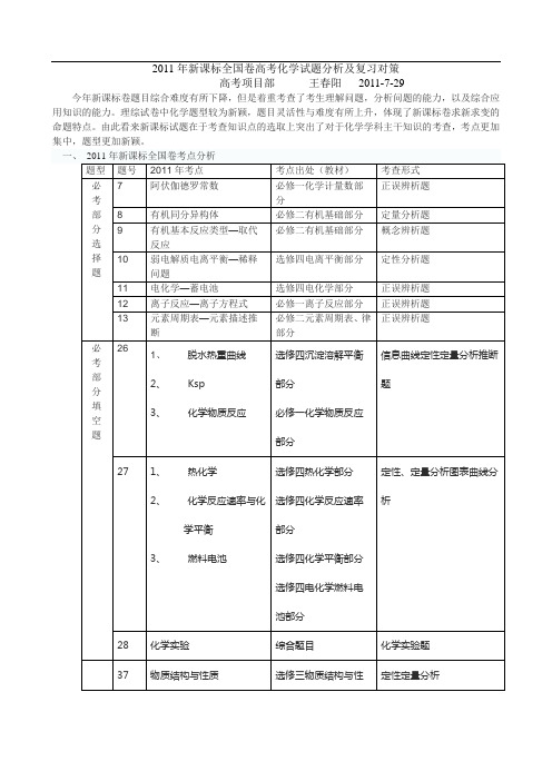 2011年新课标全国卷高考化学试题分析及对策