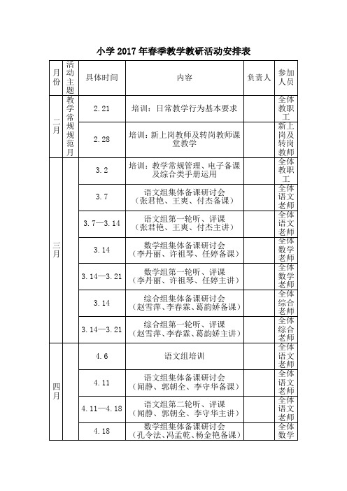 小学2017年春季教学教研活动安排表