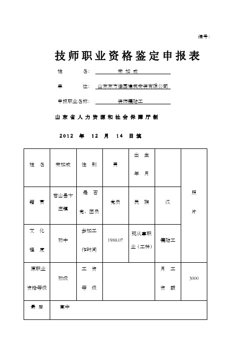 技师职业资格申请表