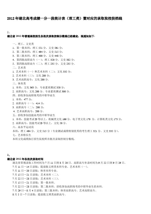 2012年湖北高考成绩一分一段统计表(理工类)暨对应的录取院校投档线