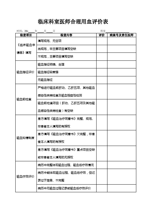 临床科室医师合理用血评价表