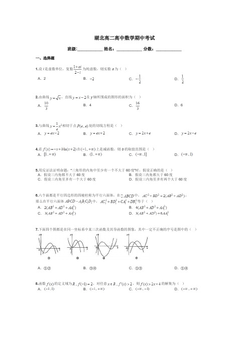 湖北高二高中数学期中考试带答案解析
