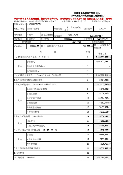 2019年土地增值税清算鉴证纳税申报实务模板(带公式)-适用于用房地产企业土增清算