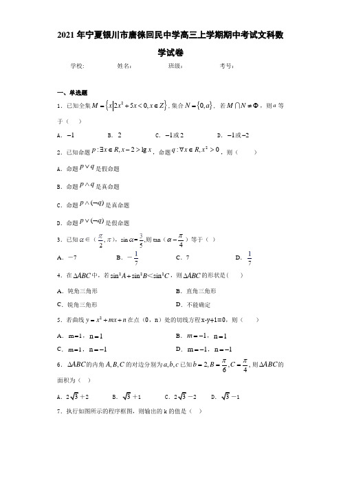2021届宁夏银川市唐徕回民中学高三上学期期中考试文科数学试卷