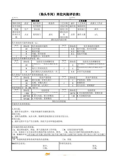 染头车间岗位风险评估表范例