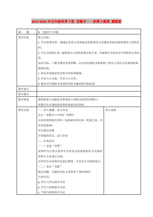 2019-2020年五年级科学下册 克隆羊——多莉3教案 冀教版