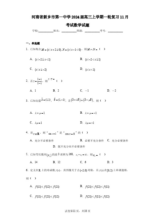 河南省新乡市第一中学2024届高三上学期一轮复习11月考试数学试题