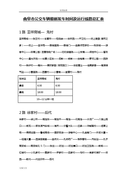 曲阜市公交车辆最新线路及发车时间汇总情况表