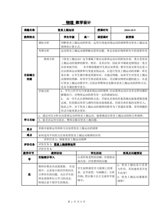 (名校)人教版高中物理必修一：2.6竖直上抛 新模板教学设计