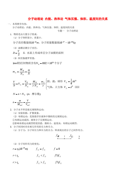 分子动理论 内能、热和功 气体压强、体积、温度间的关系 北师